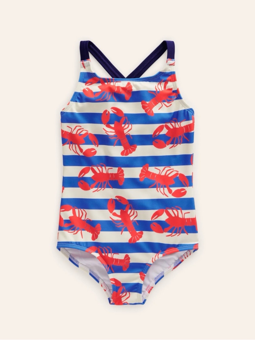 Mini Boden Cross-back Printed lobster swimsuit blue and white striped 2/3T